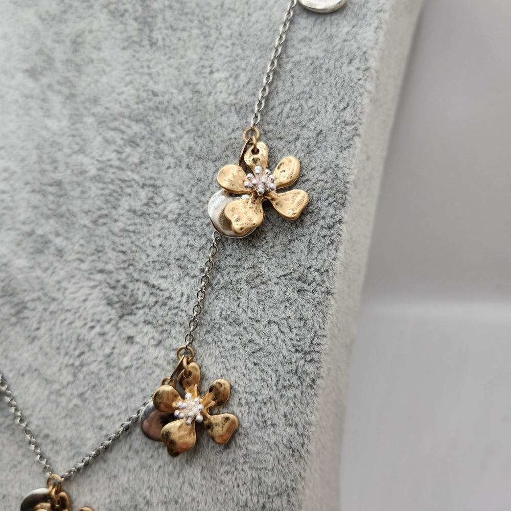 Boho Chic Hammered Flower Station Necklace Mixed Metal Gold Silver Elegant - Picture 3 of 9